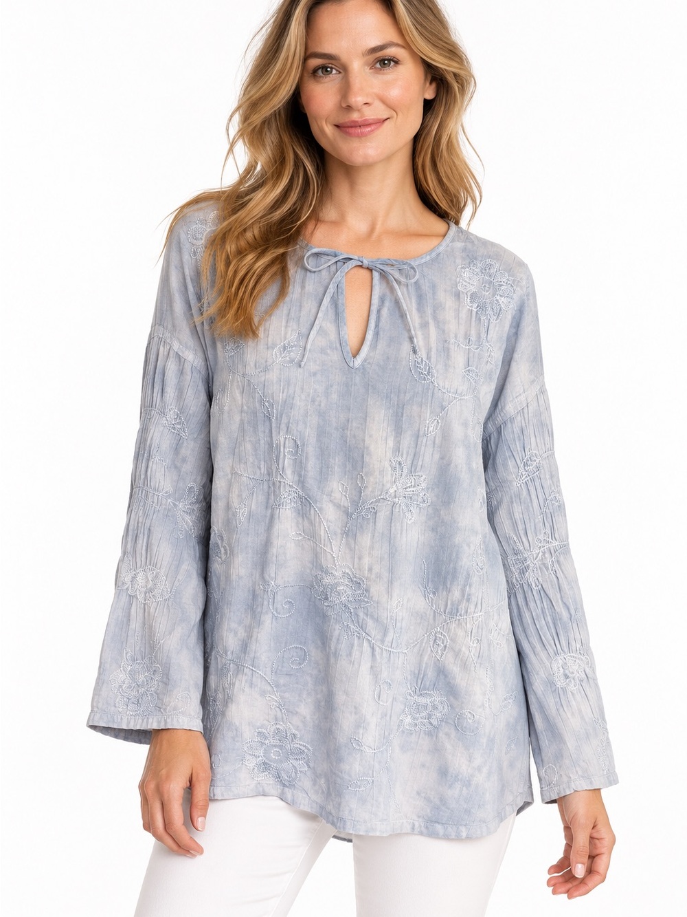Purejill Blue Gray Tie Dye Embroidered Cotton Tunic Blouse Size M Bohemian